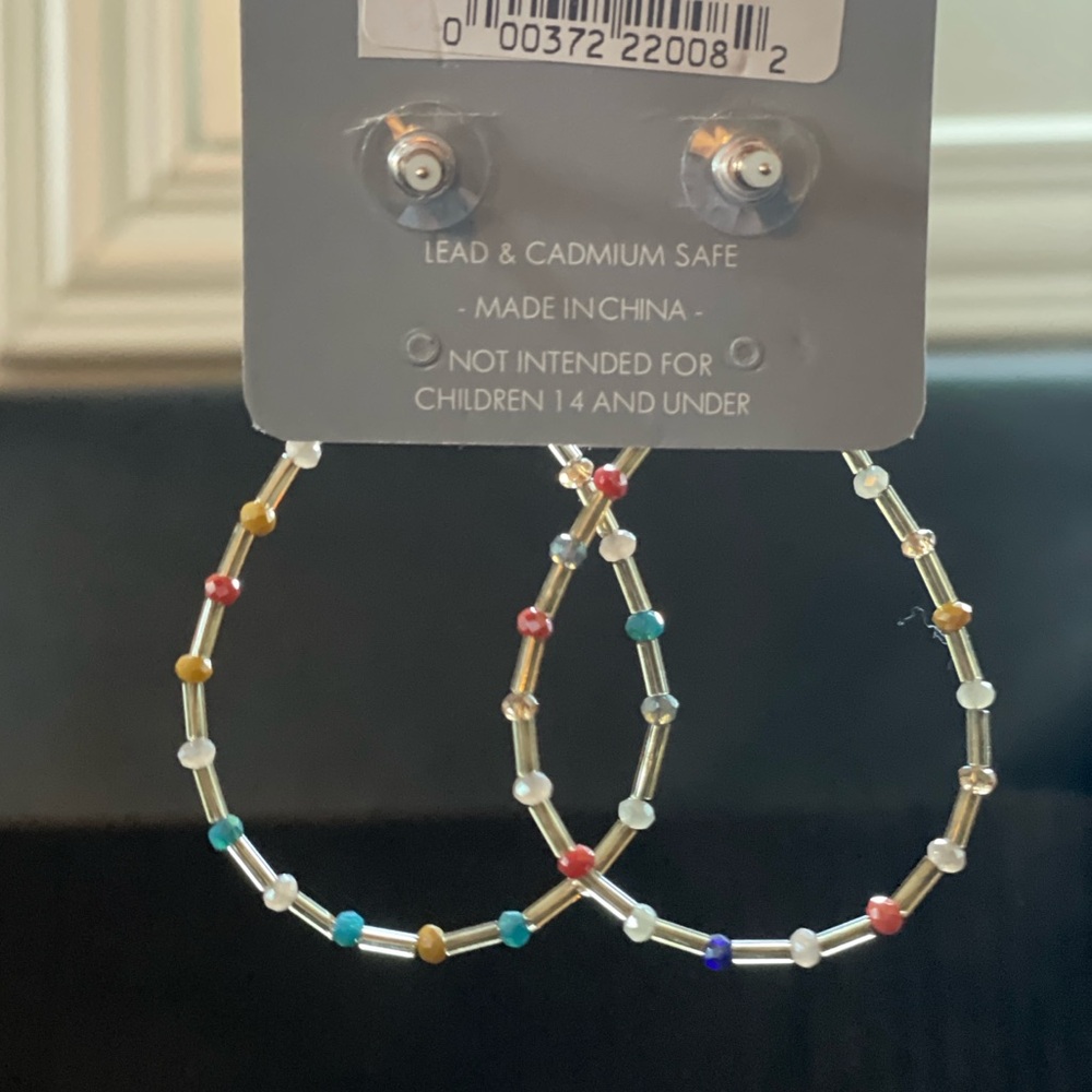 Gold Hoop Earrings with Multi Colored Beads - Picture 5 of 9